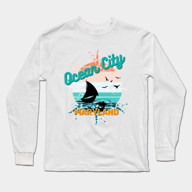 Ocean City Maryland Retro Vintage Exploding Sunset Long Sleeve T-Shirt by AdrianaHolmesArt